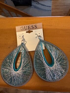 GUESS Teal and Silver Threaded Tear-Drop Hoop Earrings